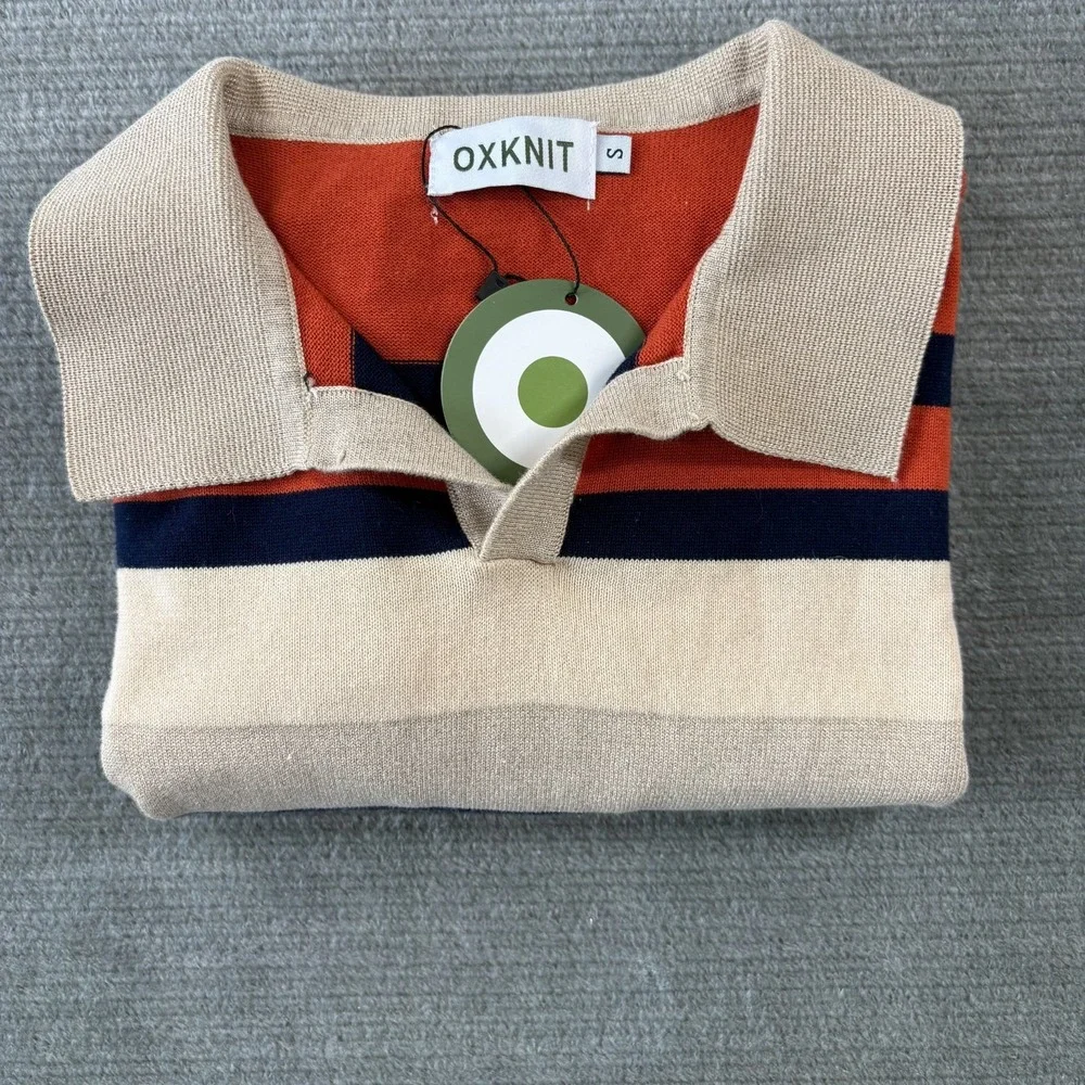 Oxknit Polo Sweater Men S Striped Beige Blue Striped Collar Retro 70s Knit